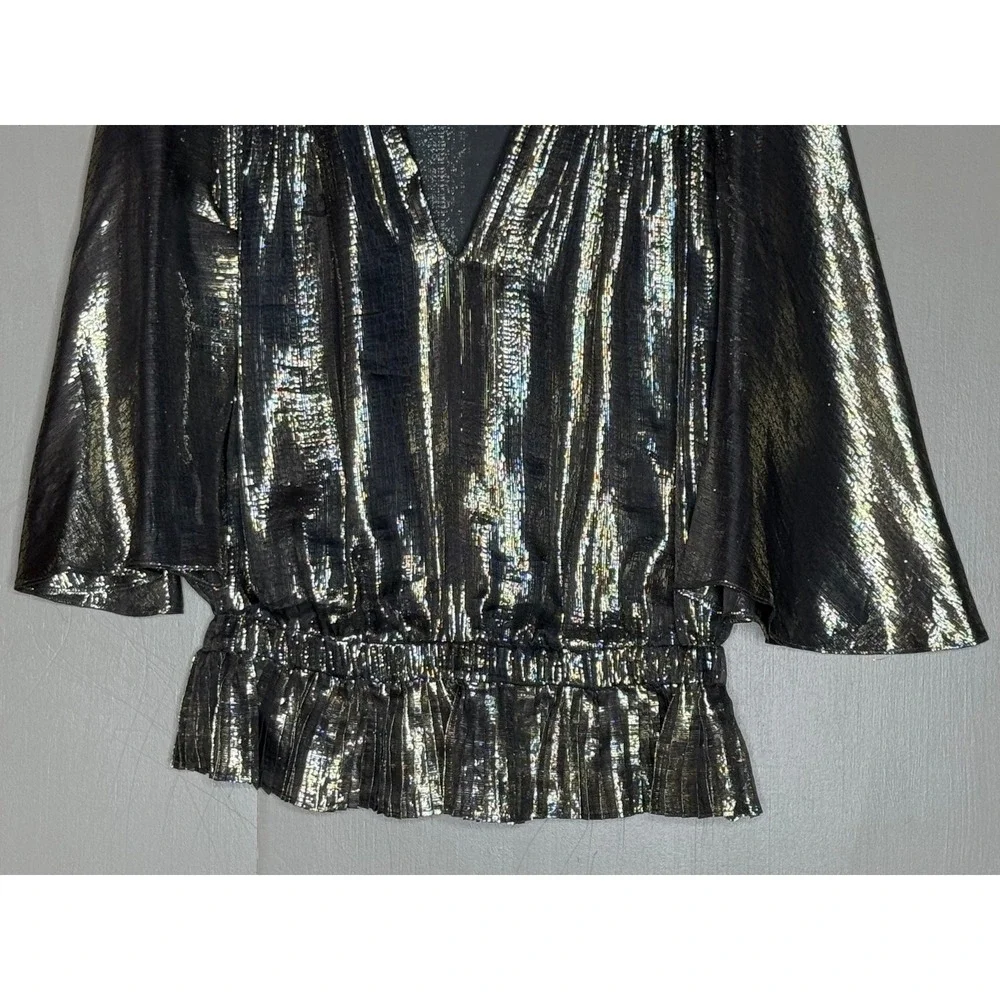 Ramy Brook Metallic Silk Flutter Sleeve Peplum Blouse M